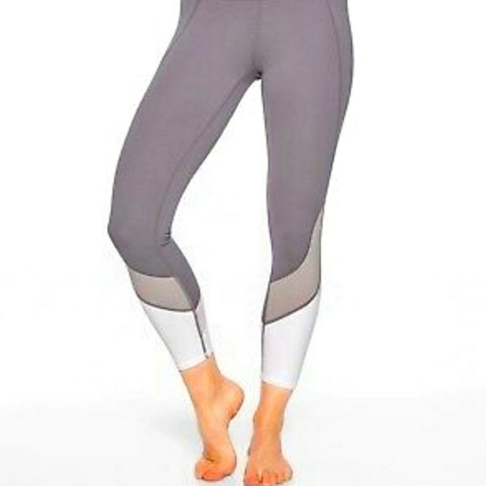 Athleta Salutation Grey And White Colorblock Mesh Cropped 7/8 Leggings EUC